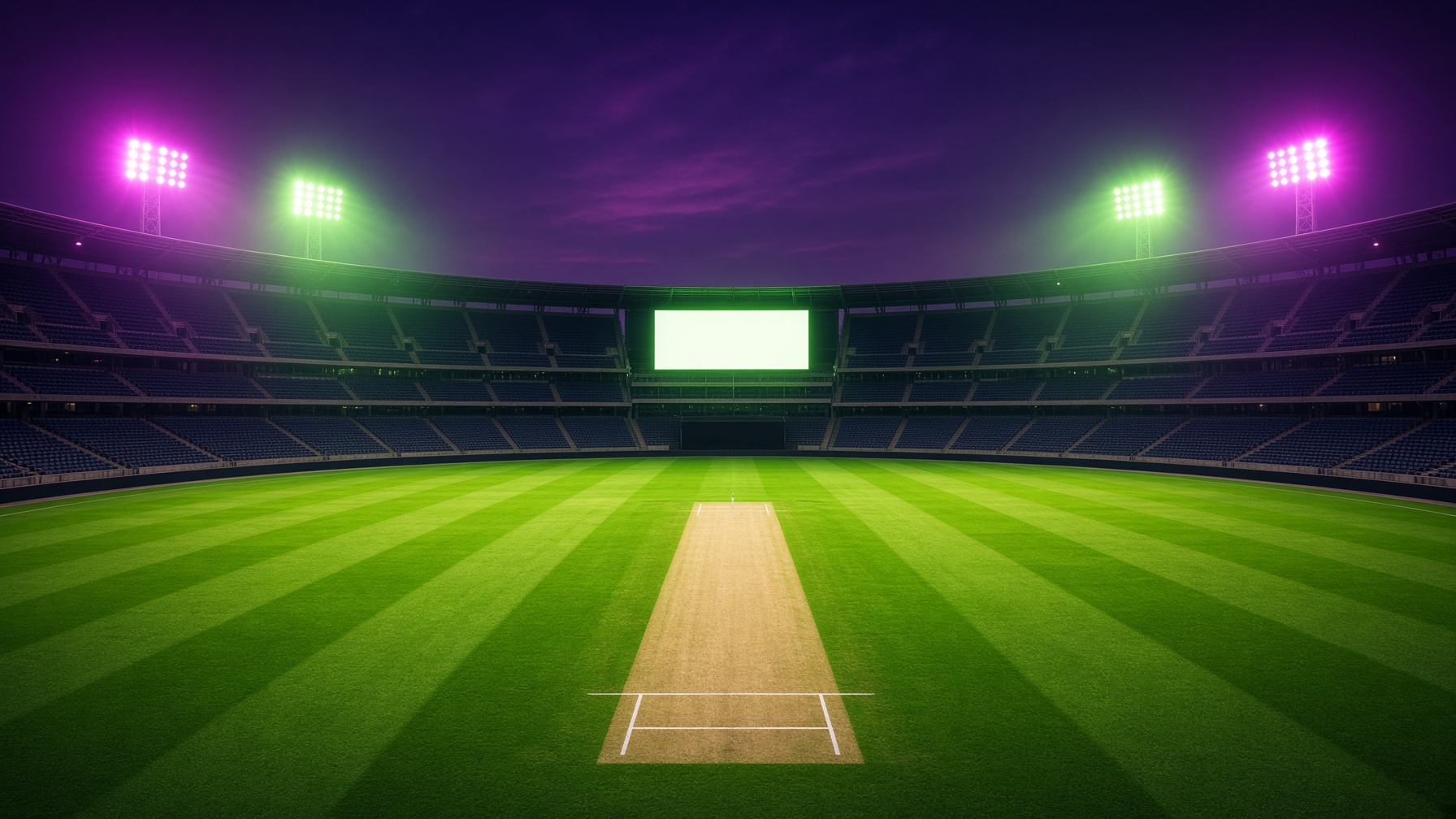 Centered night view of a cricket pitch under purple and lime floodlights